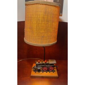 Vintage Cast Iron Train Lamp on Wood Base Flicker Flame Light Mantle Piece